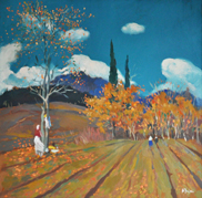 Typical Albanian landscape in autumn, with golden colors and leaves blowing in the wind. One can feel the late Indian summer breeze and the lingering warmth of summer, oil on canvas.