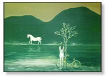Painting on the topic with the river, the white horse and...the young girl 